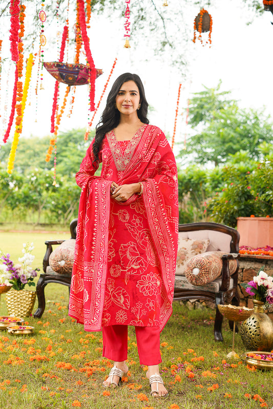 Red Poly Chanderi Floral Printed Straight Kurta Trousers With Dupatta SKSKD3132