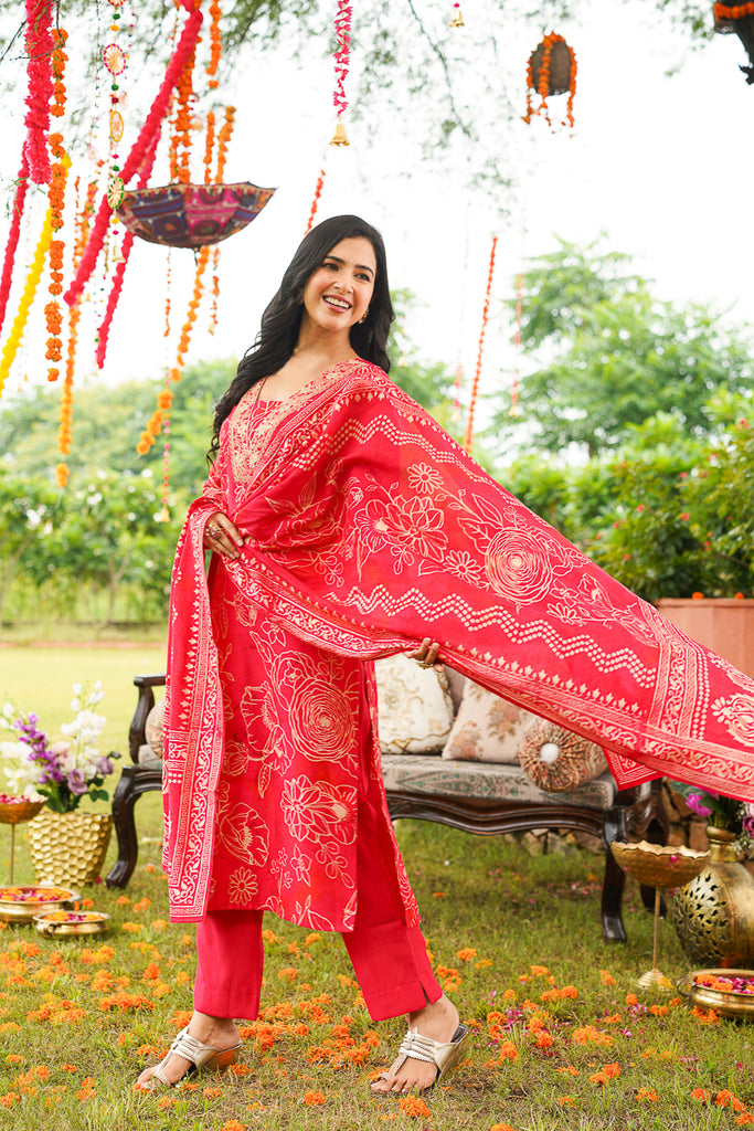 Red Poly Chanderi Floral Printed Straight Kurta Trousers With Dupatta SKSKD3132