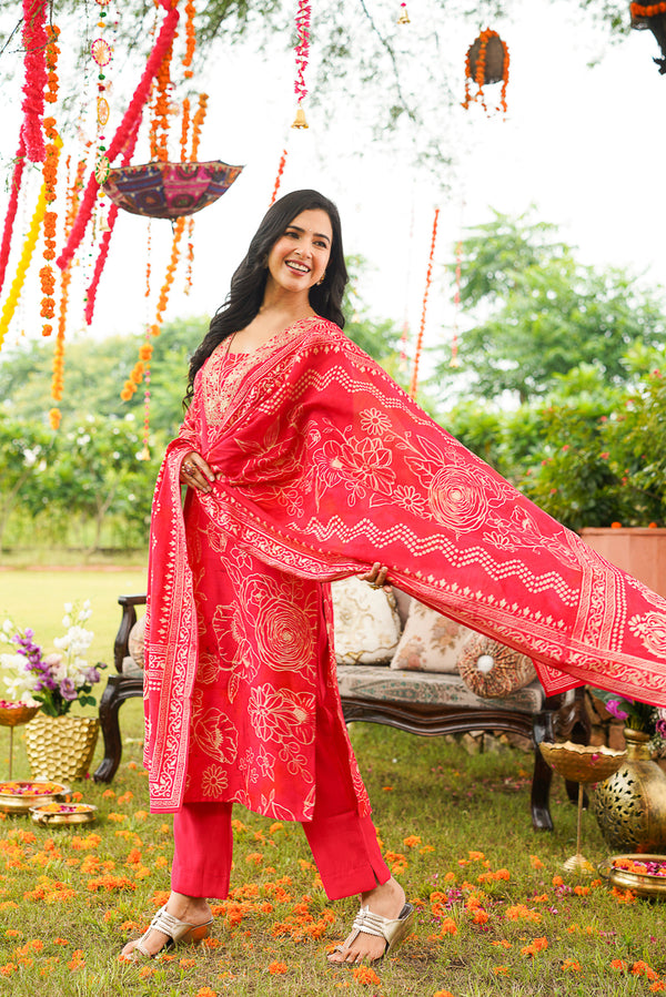 Red Poly Chanderi Floral Printed Straight Kurta Trousers With Dupatta SKSKD3132