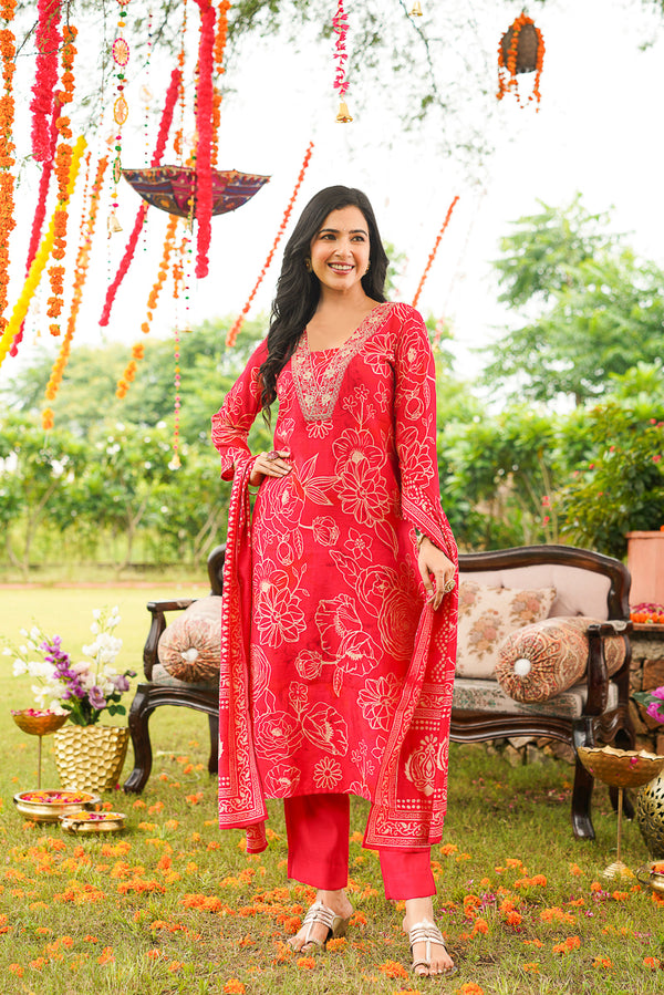 Red Poly Chanderi Floral Printed Straight Kurta Trousers With Dupatta SKSKD3132