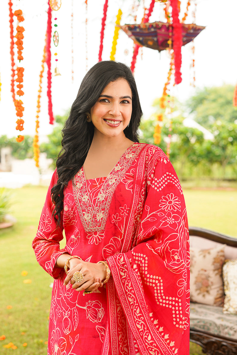 Red Poly Chanderi Floral Printed Straight Kurta Trousers With Dupatta SKSKD3132