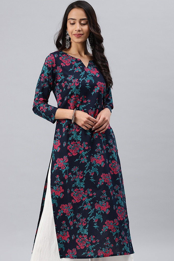Navy Blue and Pink Floral Printed Blue Poly Rayon Fabric Kurti VCK1066