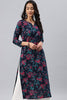 Navy Blue and Pink Floral Printed Blue Poly Rayon Fabric Kurti VCK1066