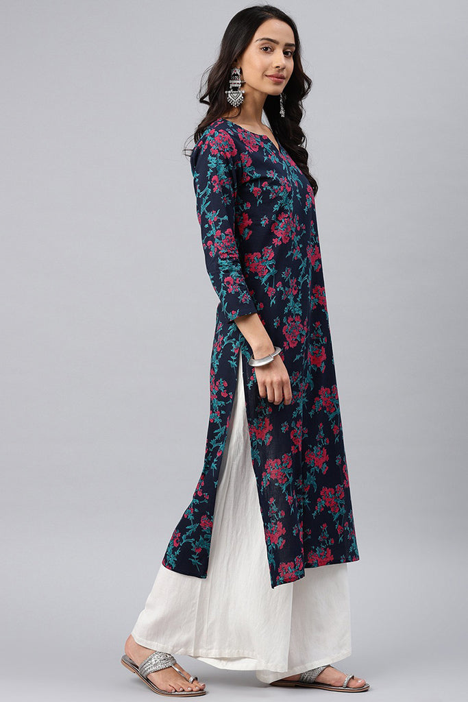 Navy Blue and Pink Floral Printed Blue Poly Rayon Fabric Kurti VCK1066