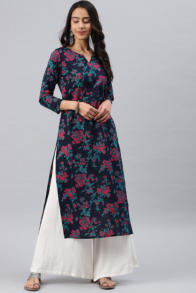 Navy Blue and Pink Floral Printed Blue Poly Rayon Fabric Kurti VCK1066