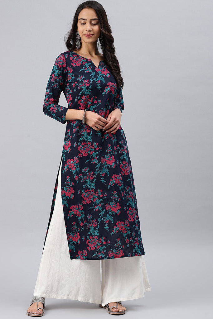 Navy Blue and Pink Floral Printed Blue Poly Rayon Fabric Kurti VCK1066