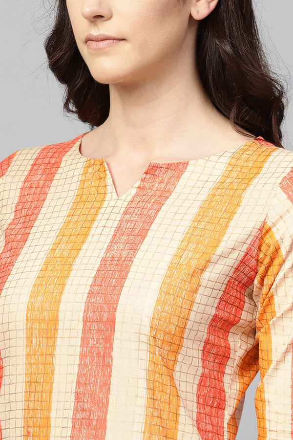 Women Cream-Colored & Orange Checked Straight Kurta VCK1100