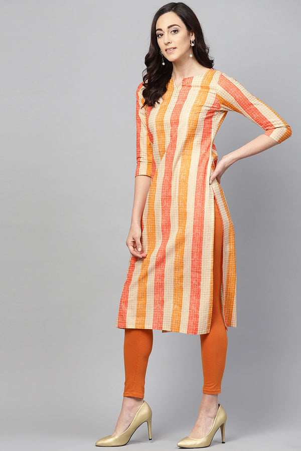 Women Cream-Colored & Orange Checked Straight Kurta VCK1100