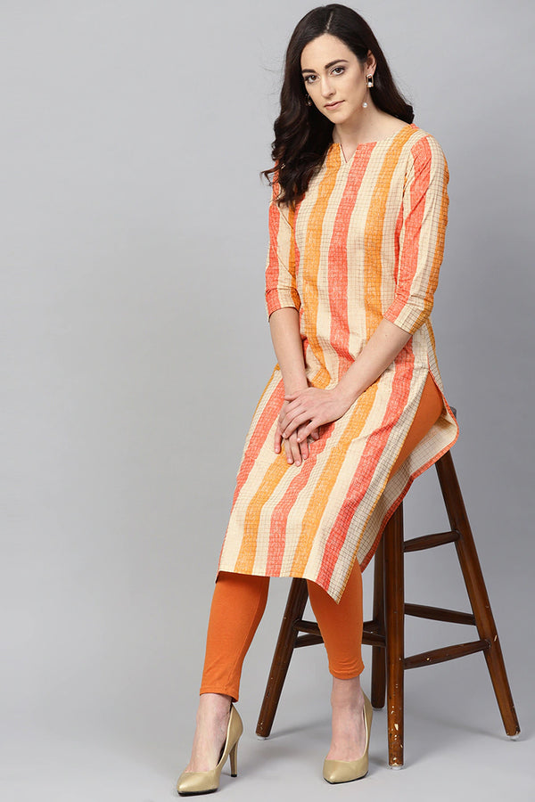 Women Cream-Colored & Orange Checked Straight Kurta VCK1100