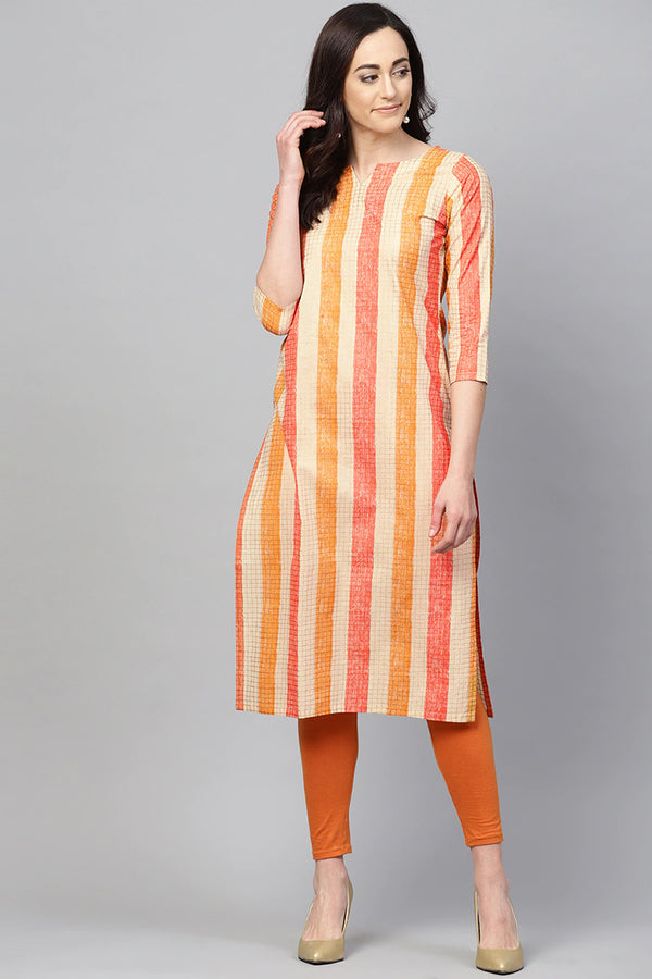 Women Cream-Colored & Orange Checked Straight Kurta VCK1100