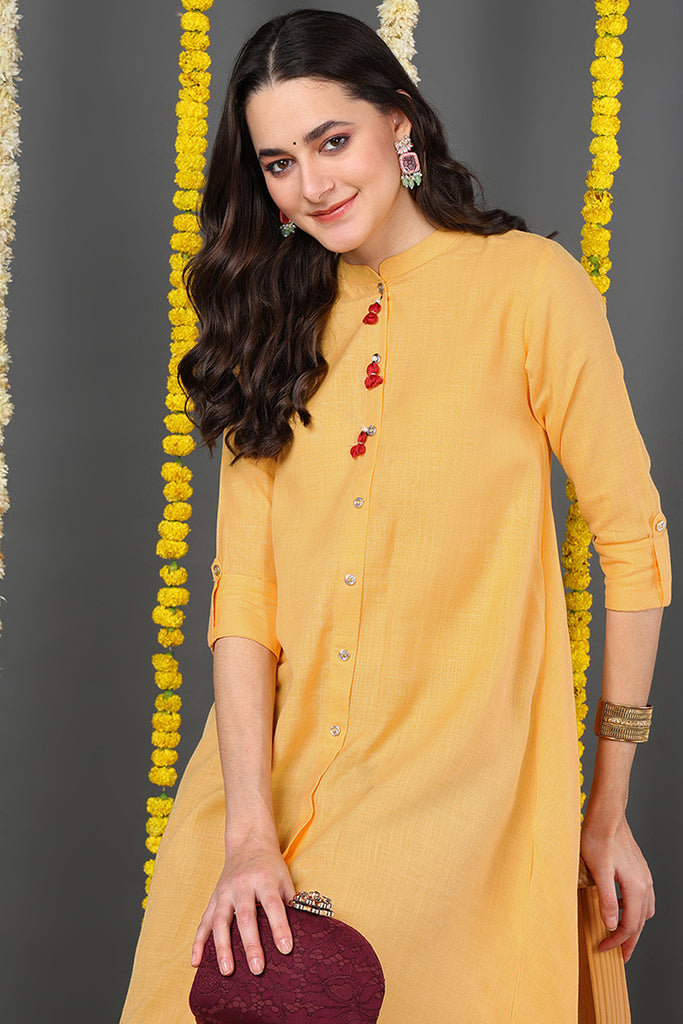 Women Cotton Trendy Festive Wear Yellow Printed Kurti VCK1542