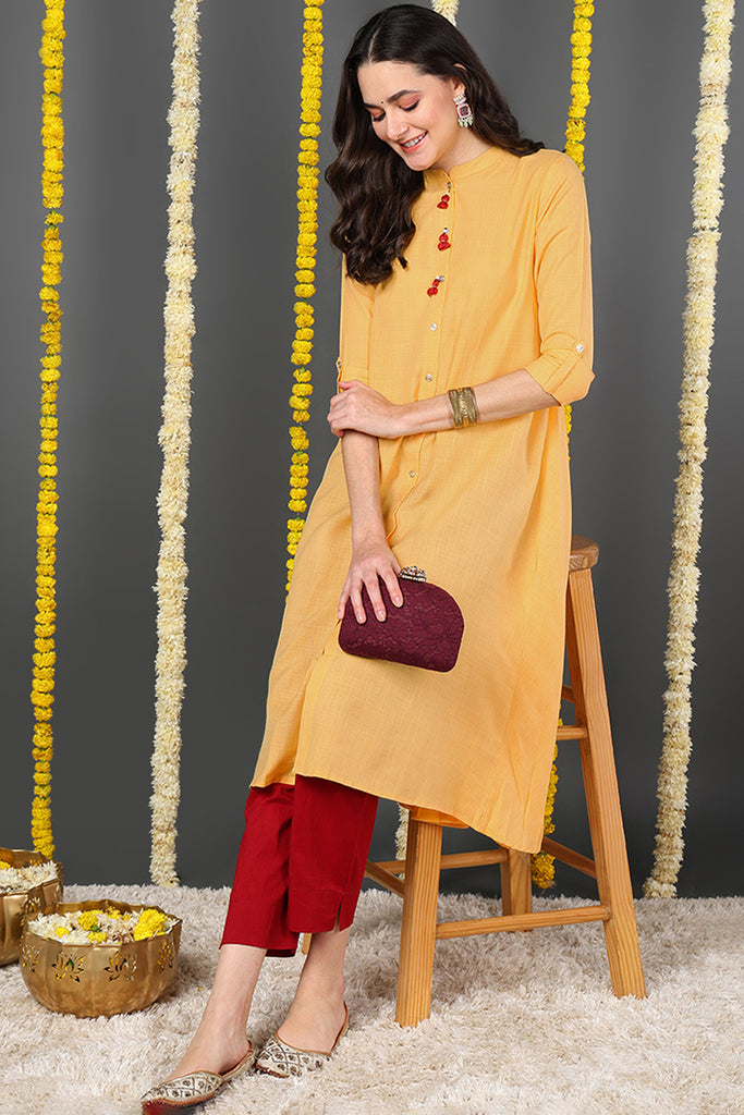 Women Cotton Trendy Festive Wear Yellow Printed Kurti VCK1542