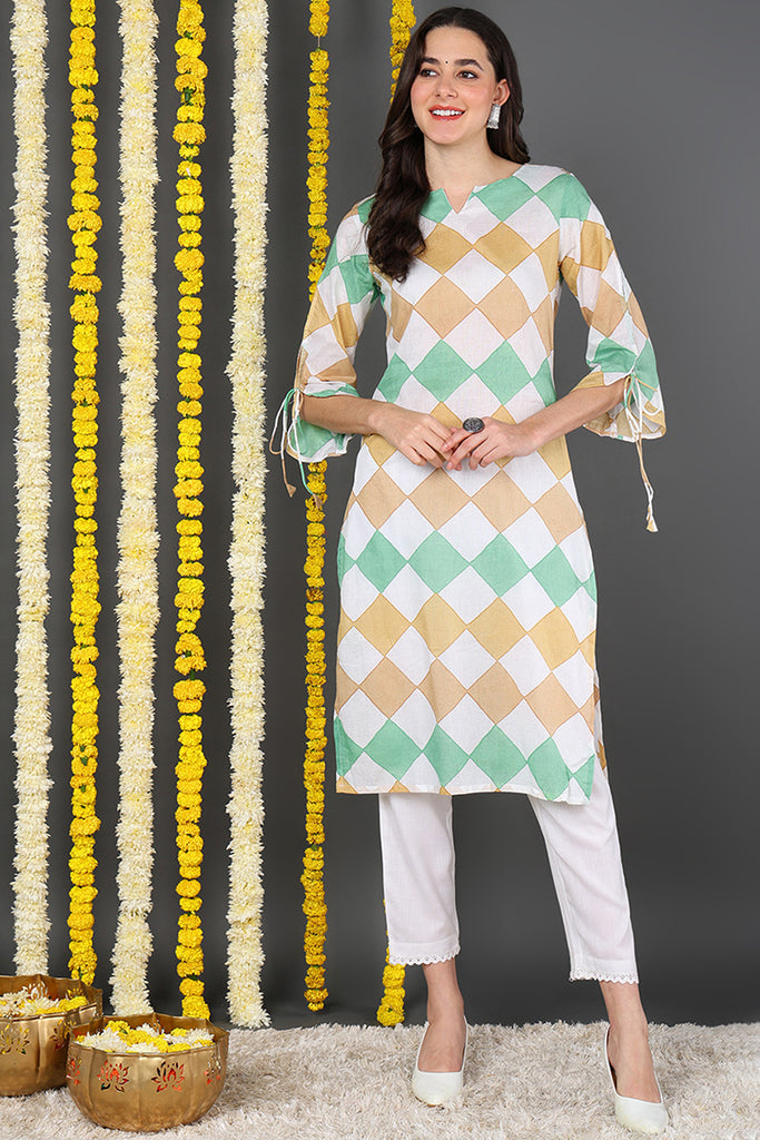 White And Green Printed Straight Kurta VCK1852E