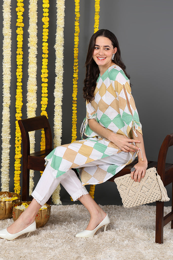 White And Green Printed Straight Kurta VCK1852E