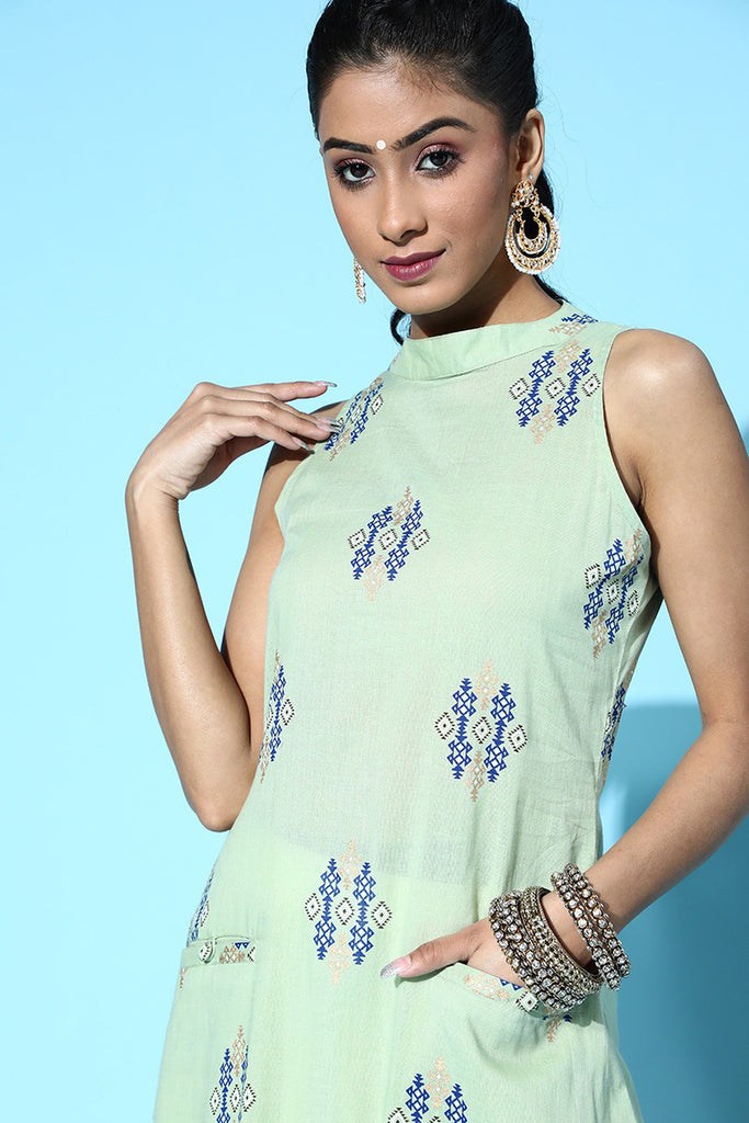 Gorgeous Green Cotton Ethnic Motifs Kurta VCK8518