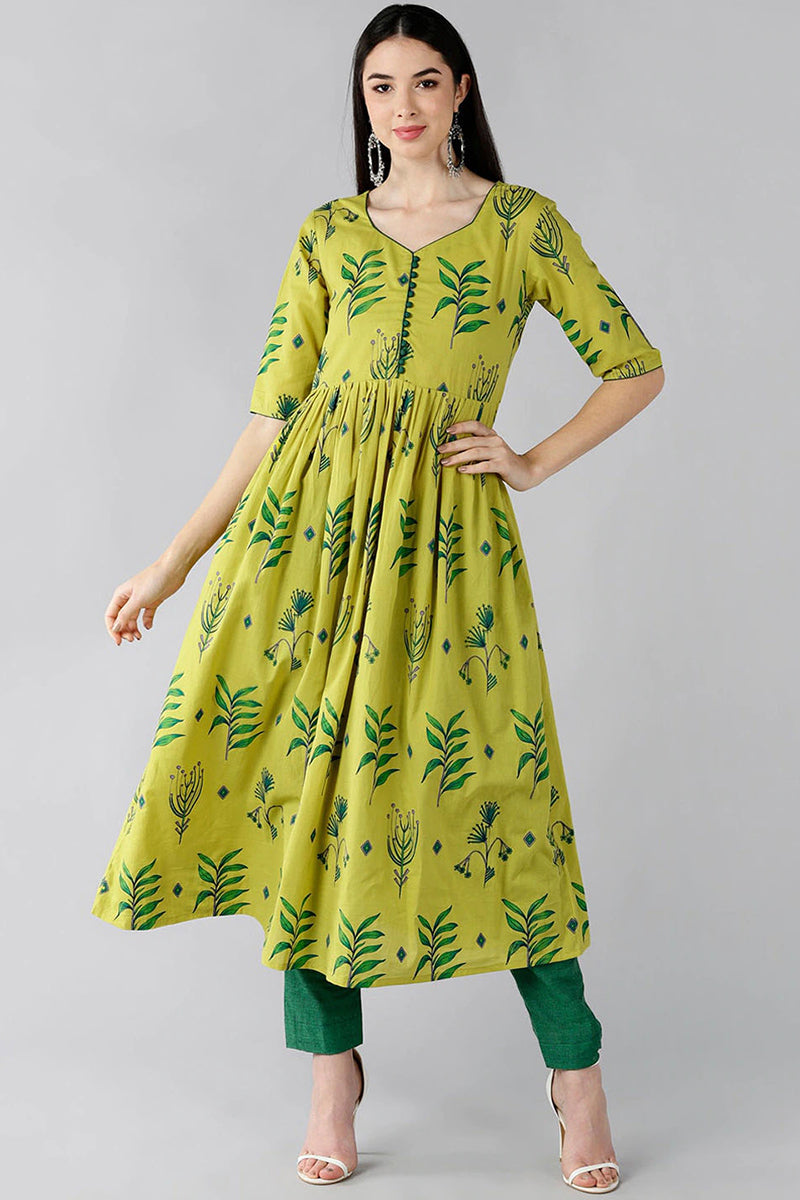 Green Floral Yoke Design Thread Work Anarkali Kurta VCK8521