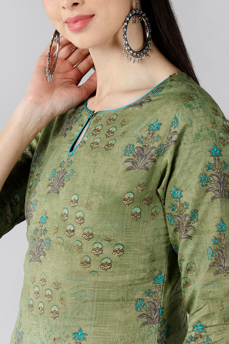 Olive Green Floral Embellished Keyhole Neck Kurta VCK8524