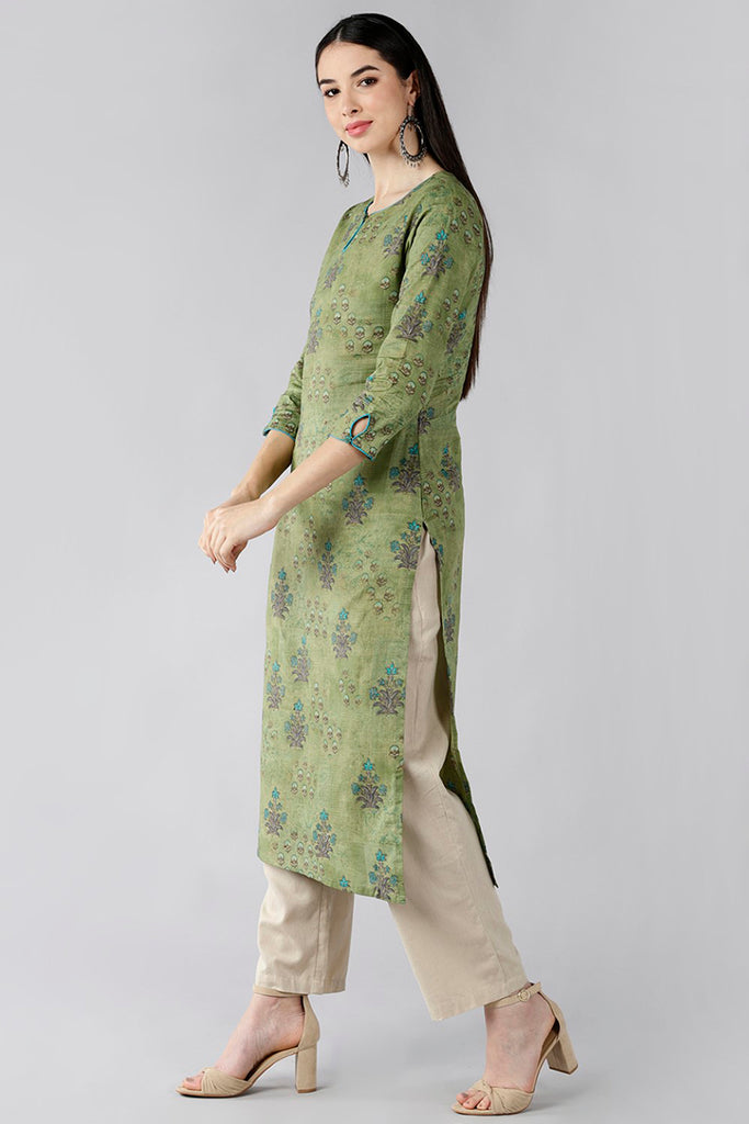 Olive Green Floral Embellished Keyhole Neck Kurta VCK8524