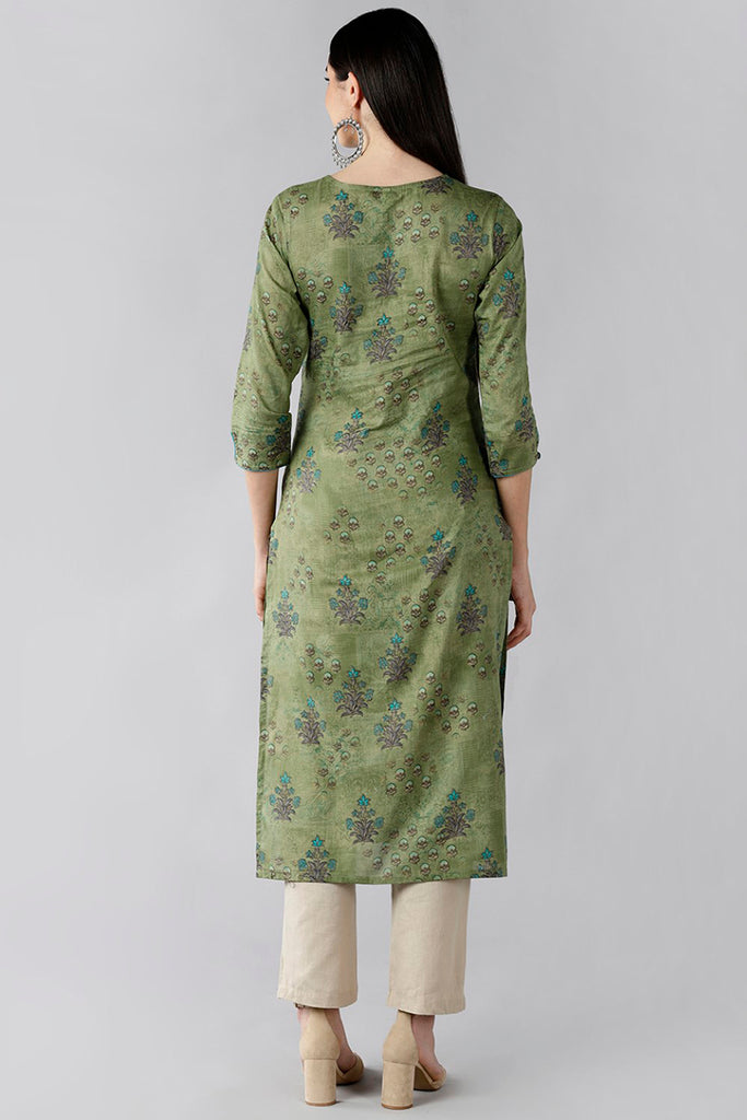 Olive Green Floral Embellished Keyhole Neck Kurta VCK8524