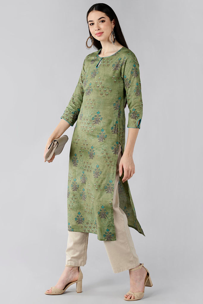 Olive Green Floral Embellished Keyhole Neck Kurta VCK8524