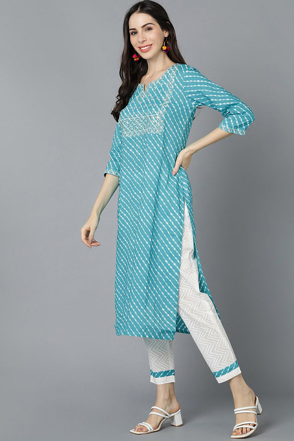 Turquoise blue Cotton Printed Kurta VCK8570