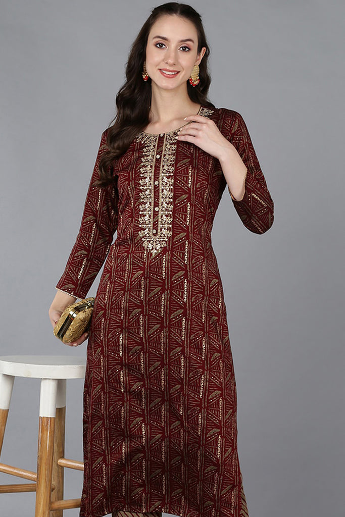 Maroon Silk Blend Ethnic Motifs Embroidered Straight Kurta VCK9031