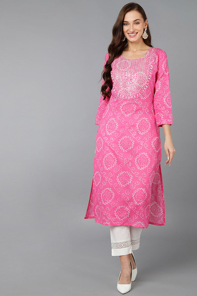 Pink Cotton Bandhani Embroidered Straight Kurta 