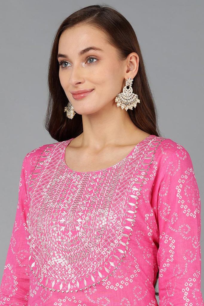 Pink Cotton Bandhani Embroidered Straight Kurta 