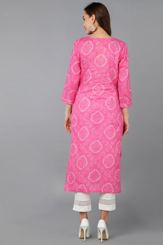 Pink Cotton Bandhani Embroidered Straight Kurta 