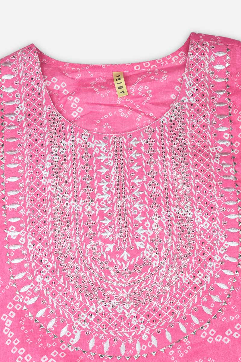 Pink Cotton Bandhani Embroidered Straight Kurta 