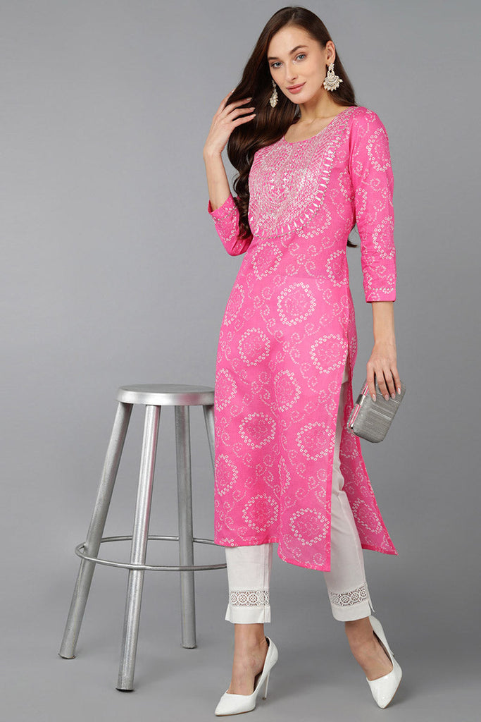 Pink Cotton Bandhani Embroidered Straight Kurta 