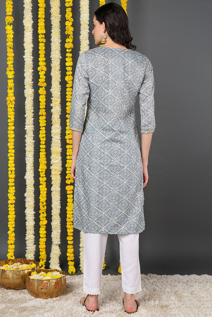 Grey Cotton Blend Bandhani Printed Straight Kurta VCK9088
