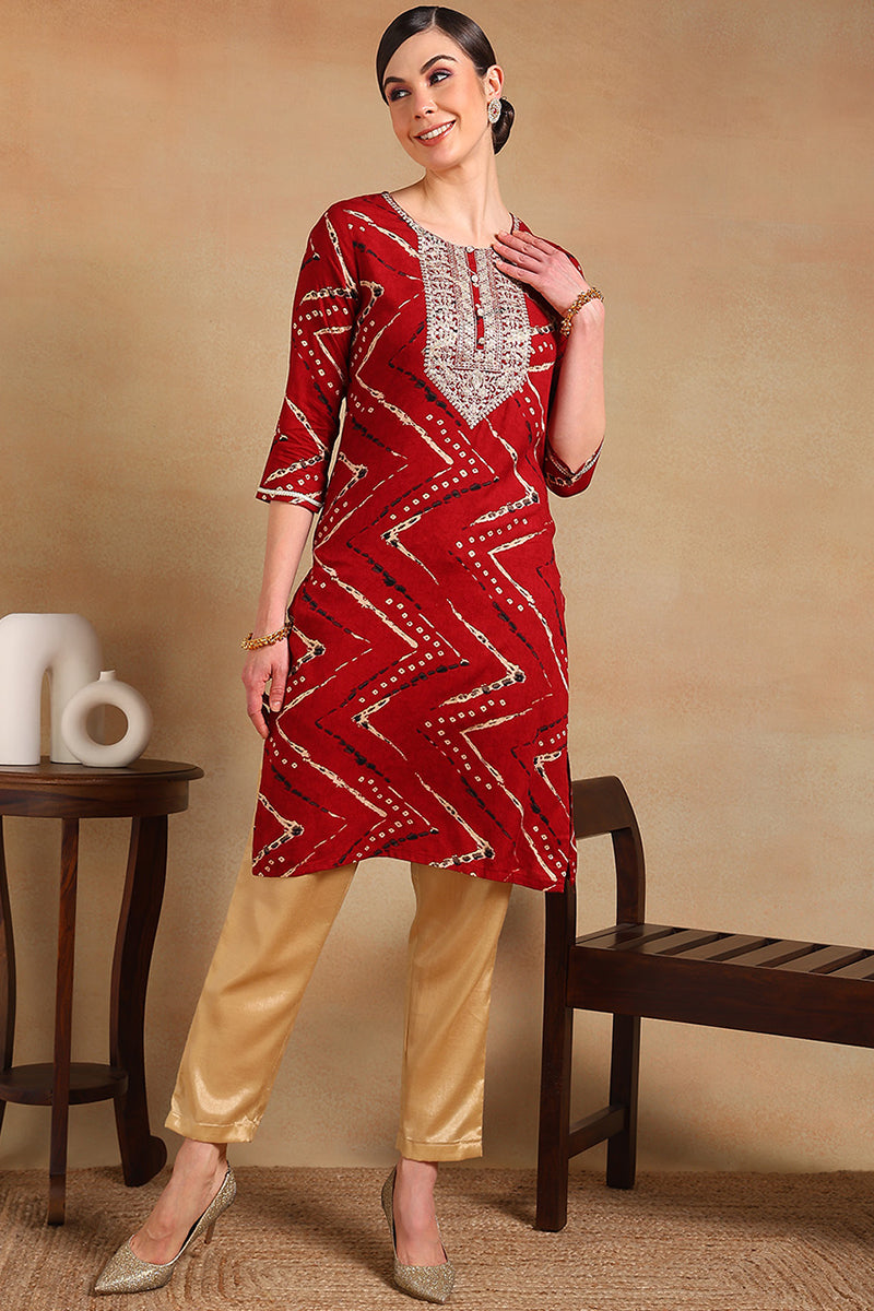 Red Viscose Rayon Chevron Printed Straight Kurta VCK9210