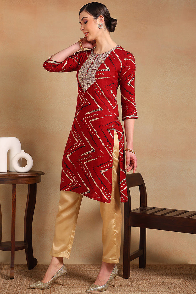 Red Viscose Rayon Chevron Printed Straight Kurta VCK9210