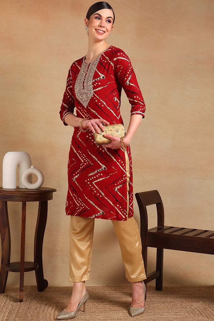 Red Viscose Rayon Chevron Printed Straight Kurta VCK9210