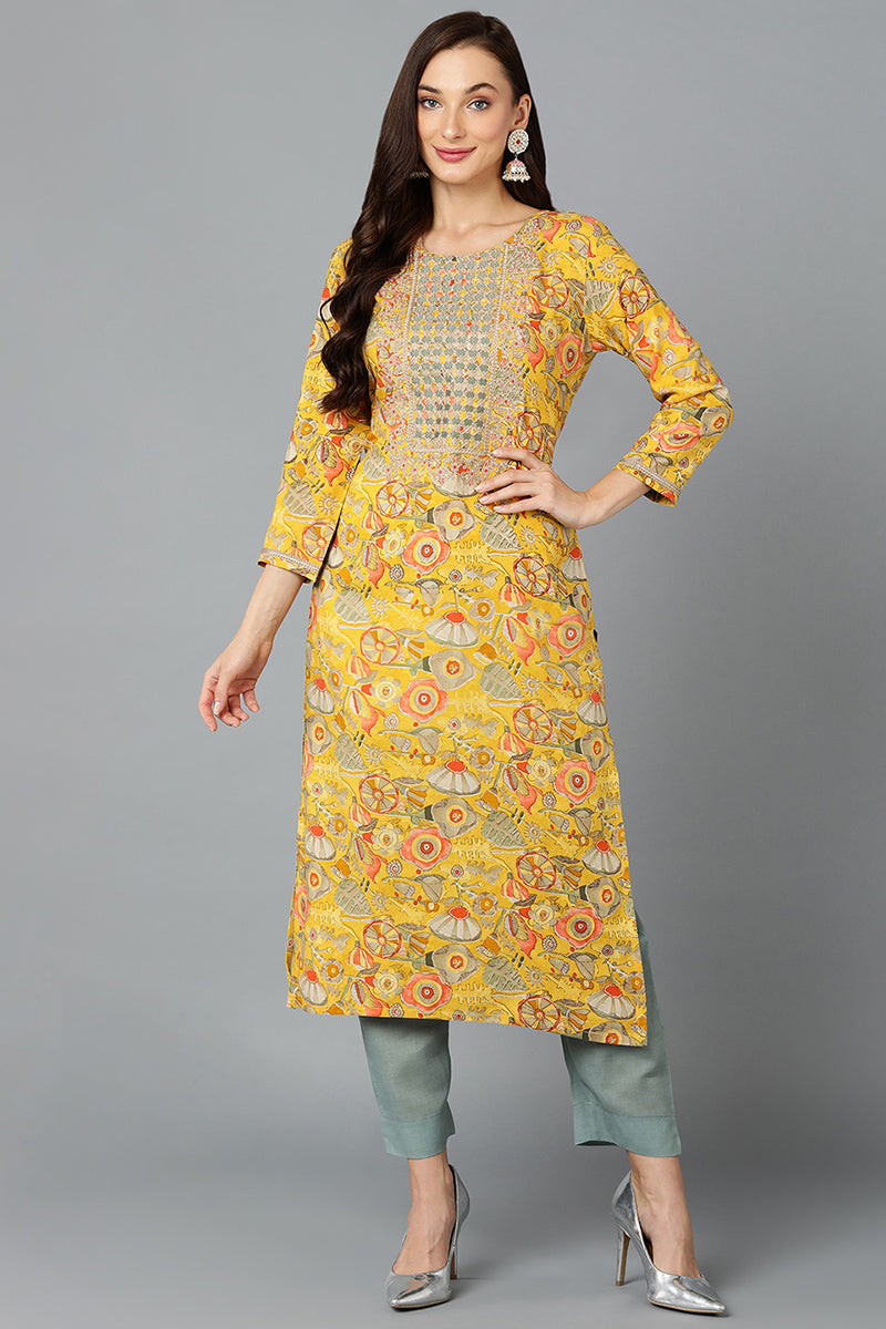 Chrome Yellow Cotton Blend Floral Printed Straight Kurta VCK9244