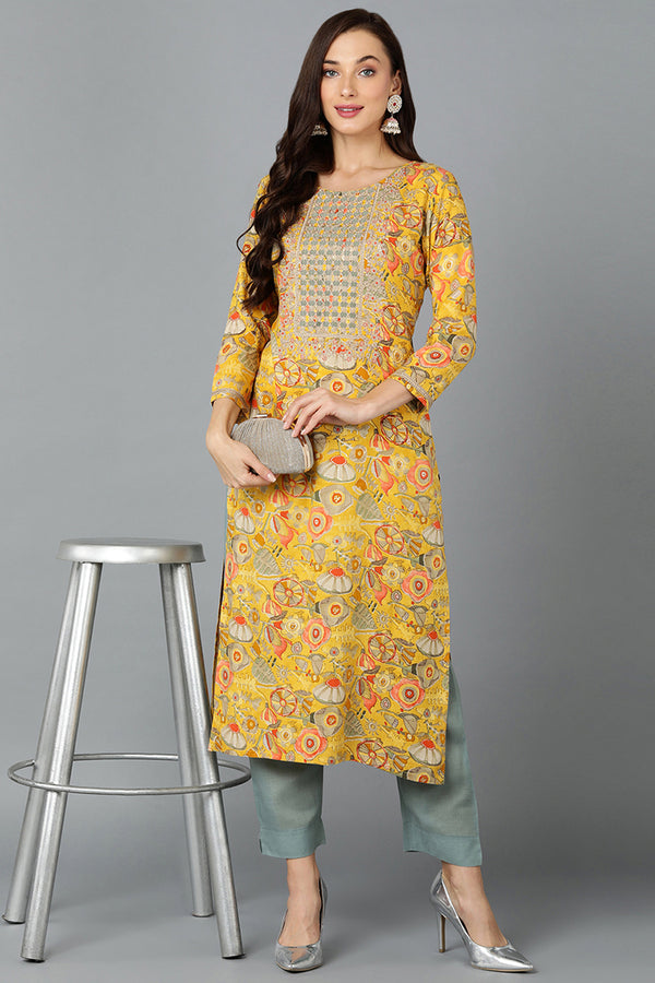 Chrome Yellow Cotton Blend Floral Printed Straight Kurta VCK9244