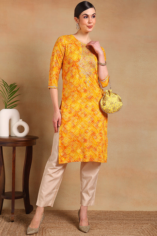 Yellow Viscose Rayon Bandhani Printed Straight Kurta VCK9265