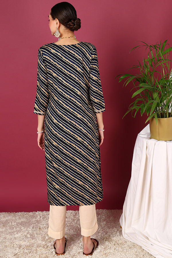 Navy Blue Viscose Rayon Leheriya Printed Straight Kurta VCK9288
