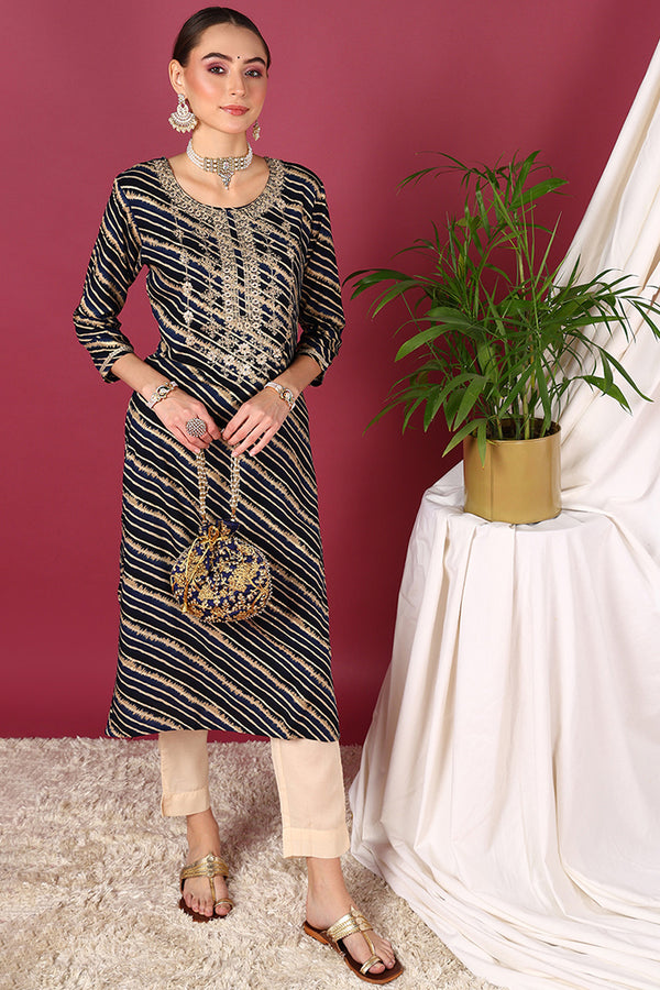Navy Blue Viscose Rayon Leheriya Printed Straight Kurta VCK9288