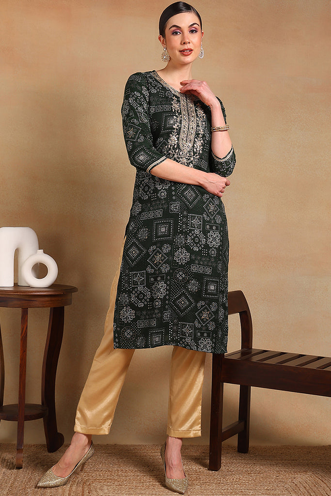 Green Silk Blend Ethnic Motifs Printed Straight Kurta VCK9337