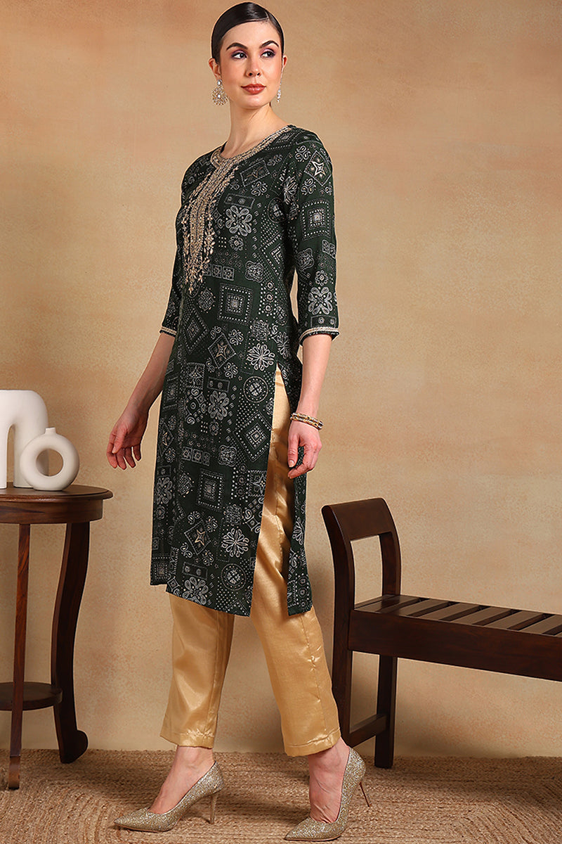 Green Silk Blend Ethnic Motifs Printed Straight Kurta VCK9337