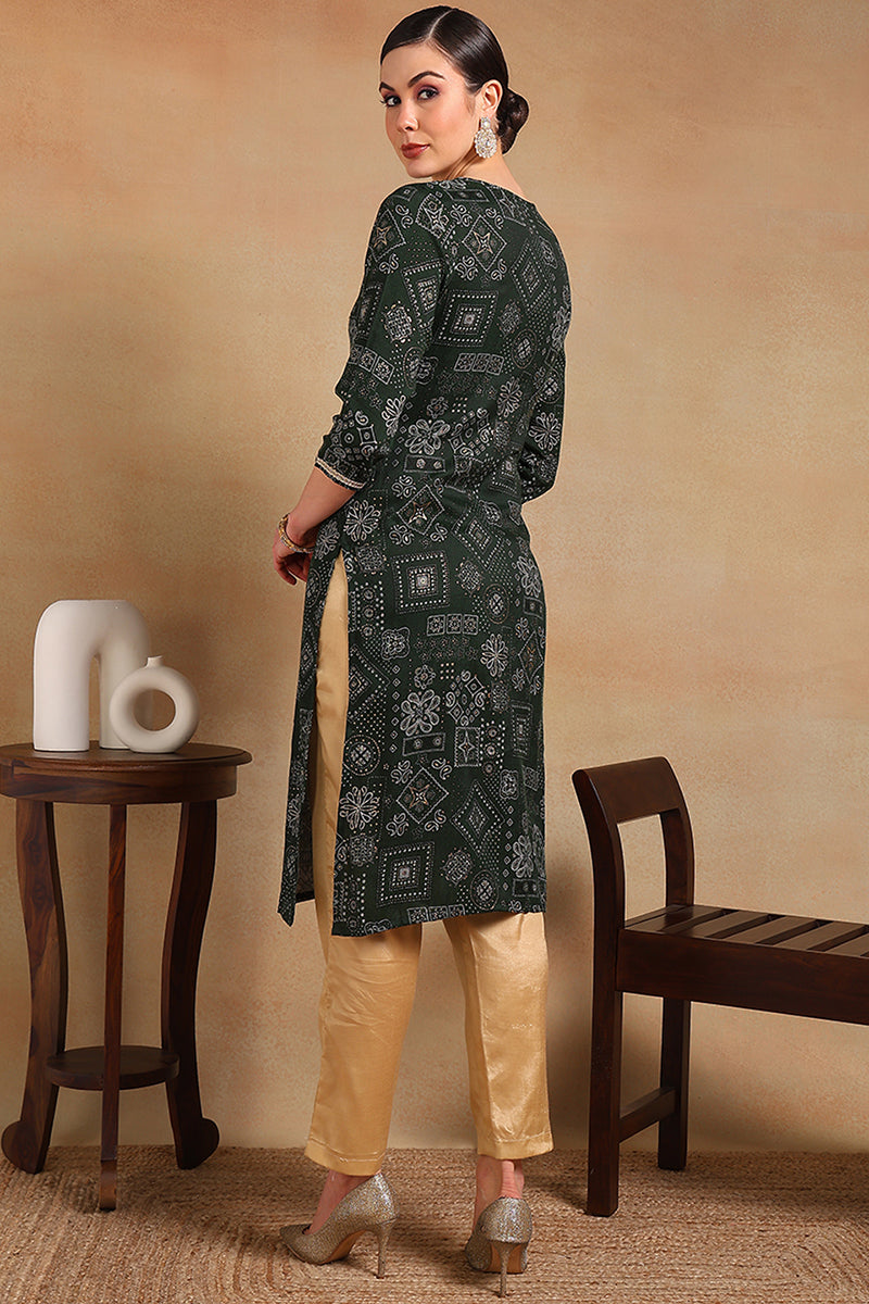 Green Silk Blend Ethnic Motifs Printed Straight Kurta VCK9337