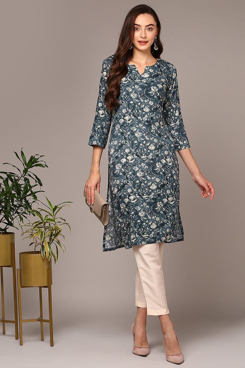 Blue Viscose Rayon Floral Printed Straight Kurta VCK9475