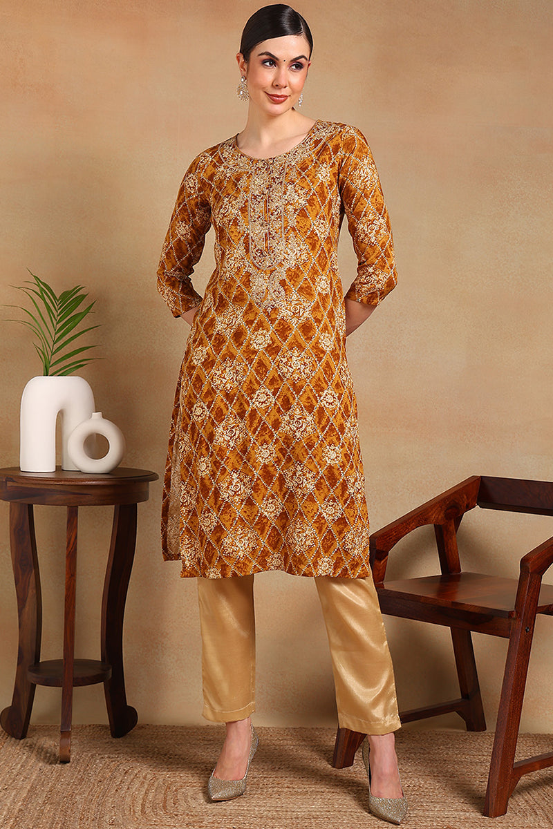 Orange Viscose Rayon Ethnic Motifs Printed Straight Kurta VCK9511