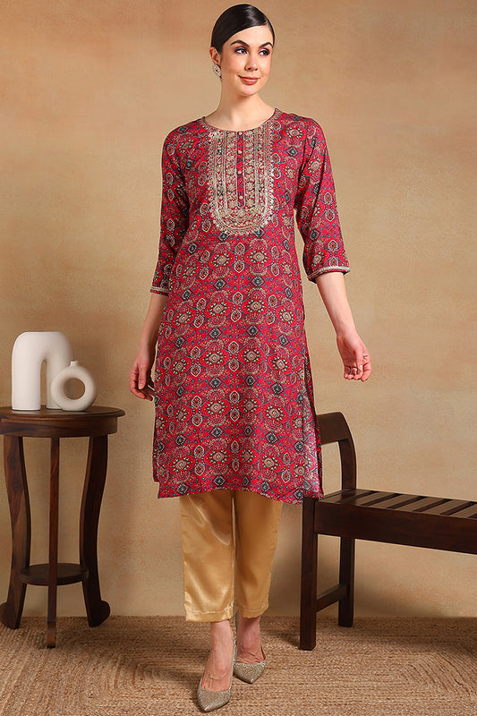 Pink Viscose Rayon Ethnic Motifs Printed Straight Kurta VCK9526