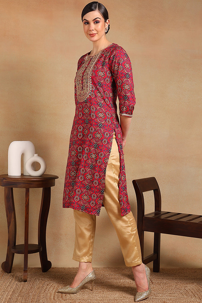 Pink Viscose Rayon Ethnic Motifs Printed Straight Kurta VCK9526