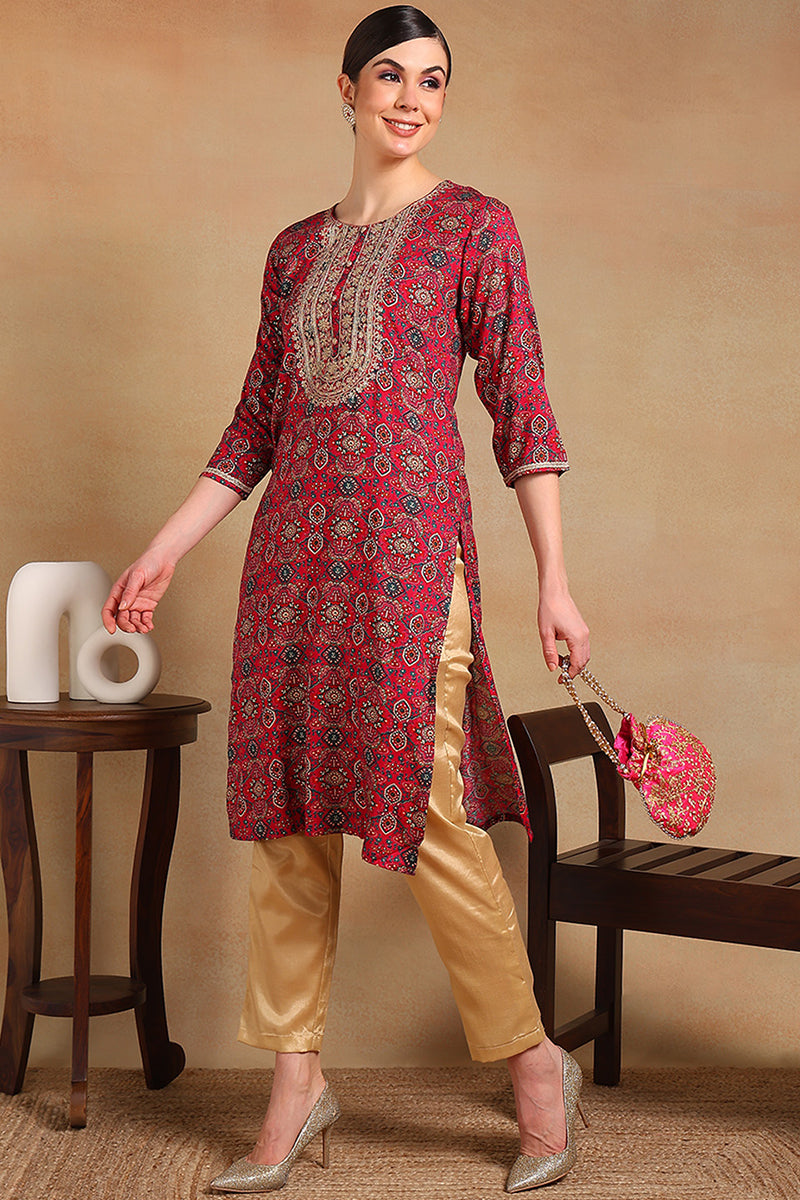 Pink Viscose Rayon Ethnic Motifs Printed Straight Kurta VCK9526