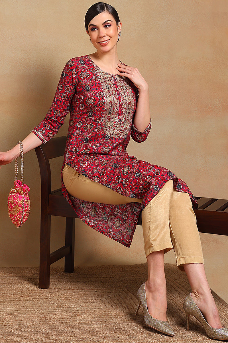 Pink Viscose Rayon Ethnic Motifs Printed Straight Kurta VCK9526