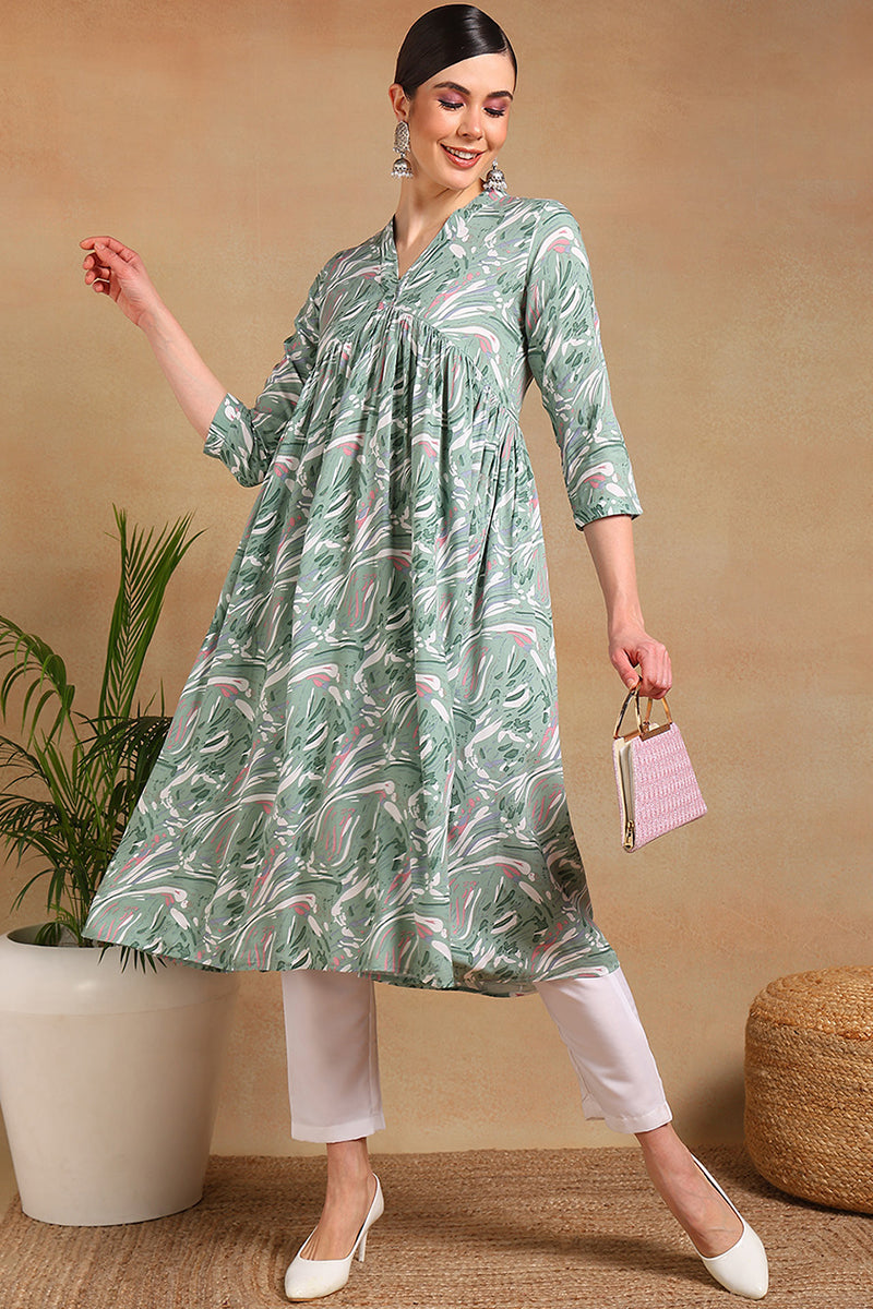 Green Viscose Rayon Floral Printed A-Line Kurta VCK9551